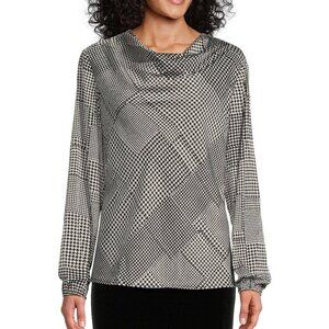 Kasper Houndstooth Top Women's Plus Size 2X Black White Long Sleeve Cowl Neck